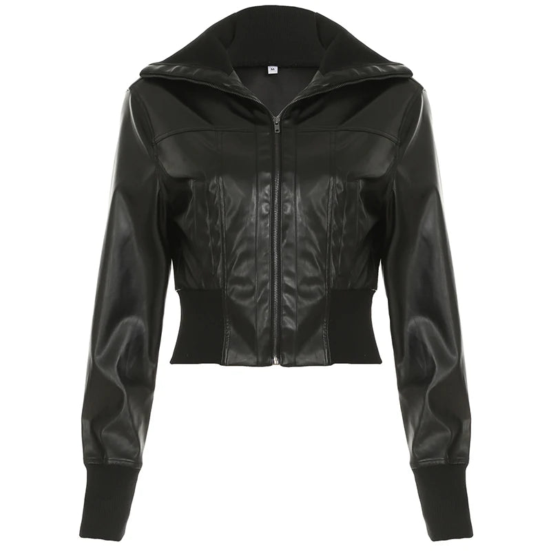 Aiertu  -  Faux Leather Turtleneck Crop Jacket Stylish Black Motorcycle Style Zipper Coat 100%PU Slim Fit Outwear Punk Street Aiertu