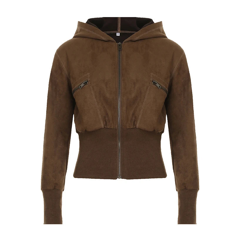 Aiertu  -  Vintage Faux Suede Velvet Slim Jacket Brown Casual Zipper Coat Y2K Streetwear Hooded Outwear Fashion Winter Outfits Aiertu