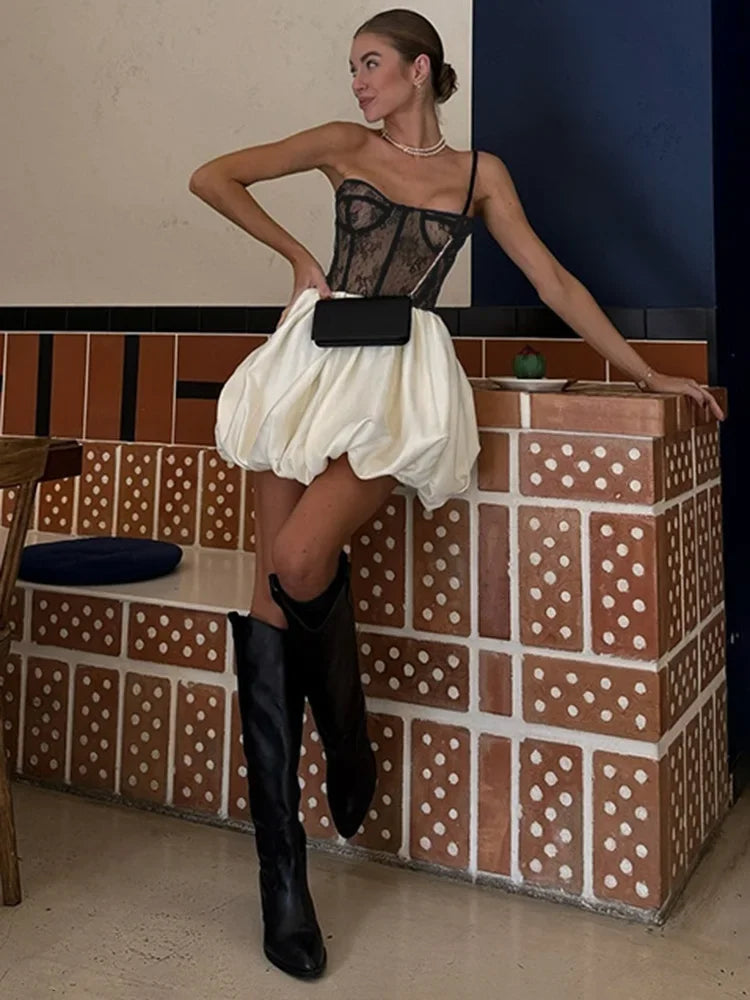 Aiertu  -  Splice Lace Strapless Dress Female Sexy Slim Contrast Color Folds Dress Spring 2025 New Casual Club Party  Women's Dress Aiertu