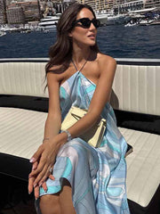 Aiertu  Beach Print Halter Dress For Women Sexy Sleevless Backless Long Dresses Female 2025 Summer Fashion Loose Holiday Lady Robe Aiertu