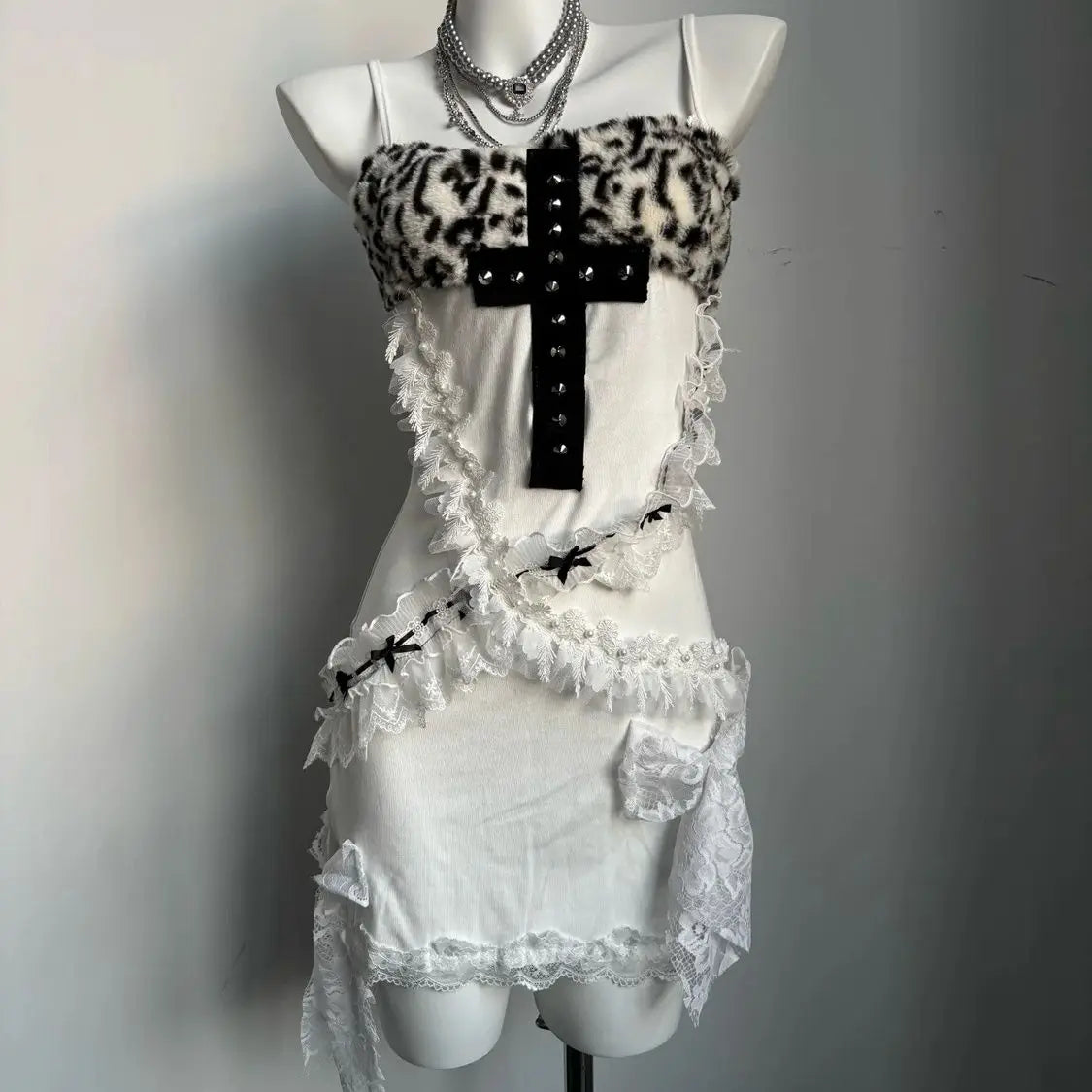 Aiertu  -  Vintage Sexy Leopard Crucifix Patchwork Slip Dress Women Streetwear Lace Bow Bodycon Dresses Grunge Y2k Aesthetic Mini Vestidos Aiertu