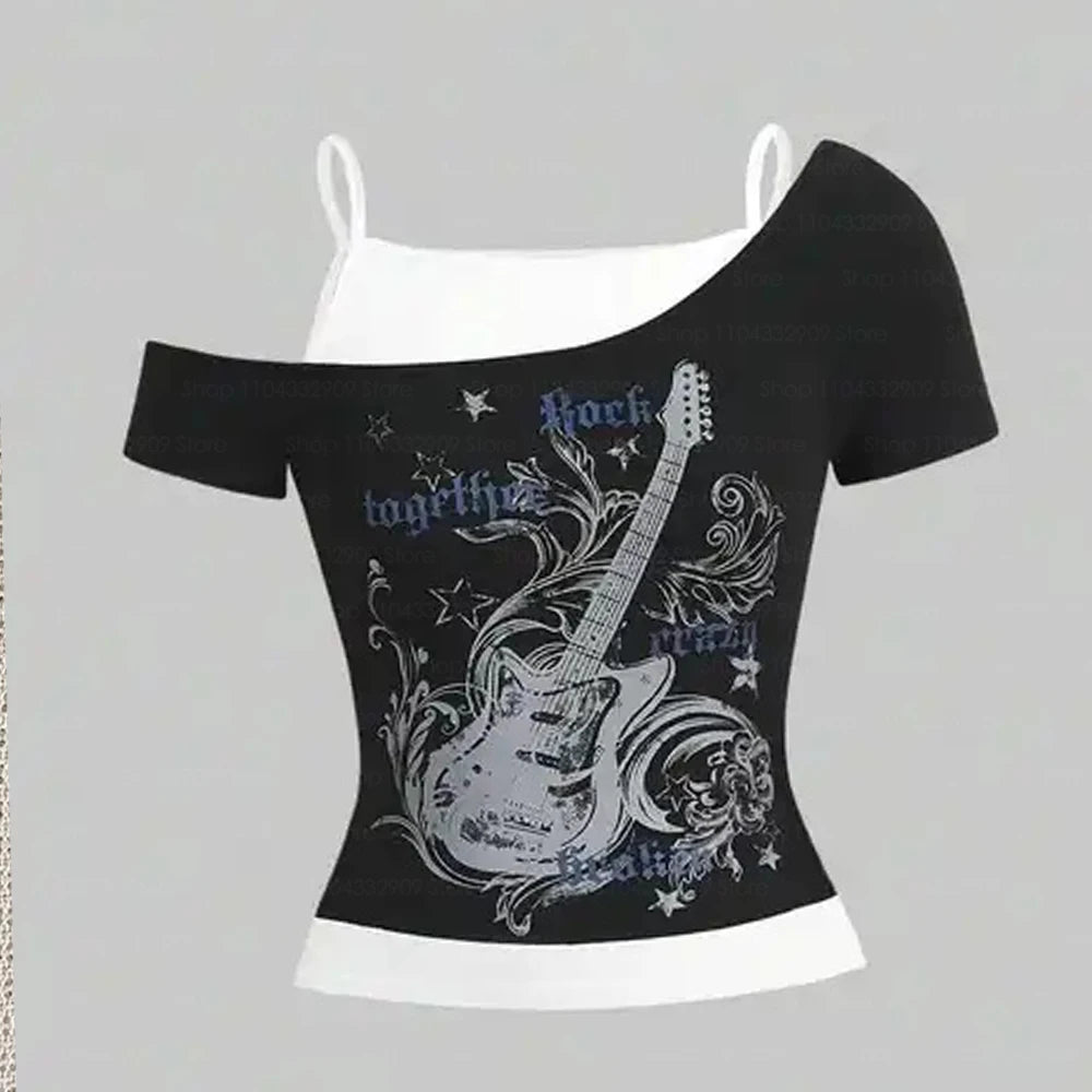 Aiertu  -  Y2k Slim Fit Print Tops Women Off Shoulder Short Sleeve Tee Shirt Neploe American Vintage Fake Two Piece Halter Lace Up T-shirts Aiertu