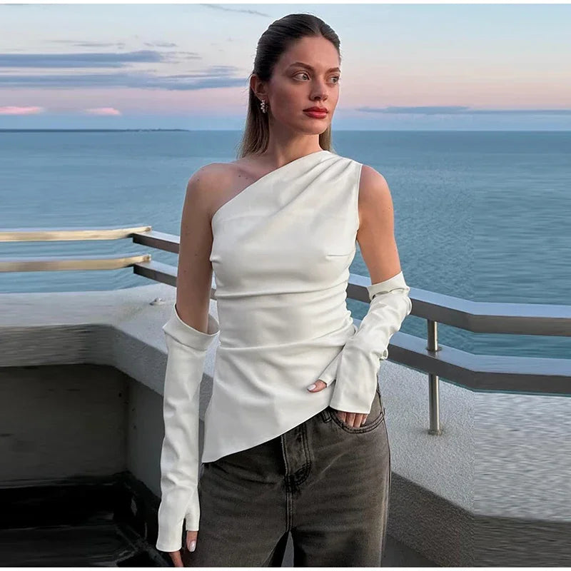 Aiertu     -  Fall Outfits 2026 Slim One Shoulder Leather Waistcoat With Gloves Women Sexy Sleeveless Irregular Vest 2026 Autumn New Lady Chic High Street Tops Aiertu