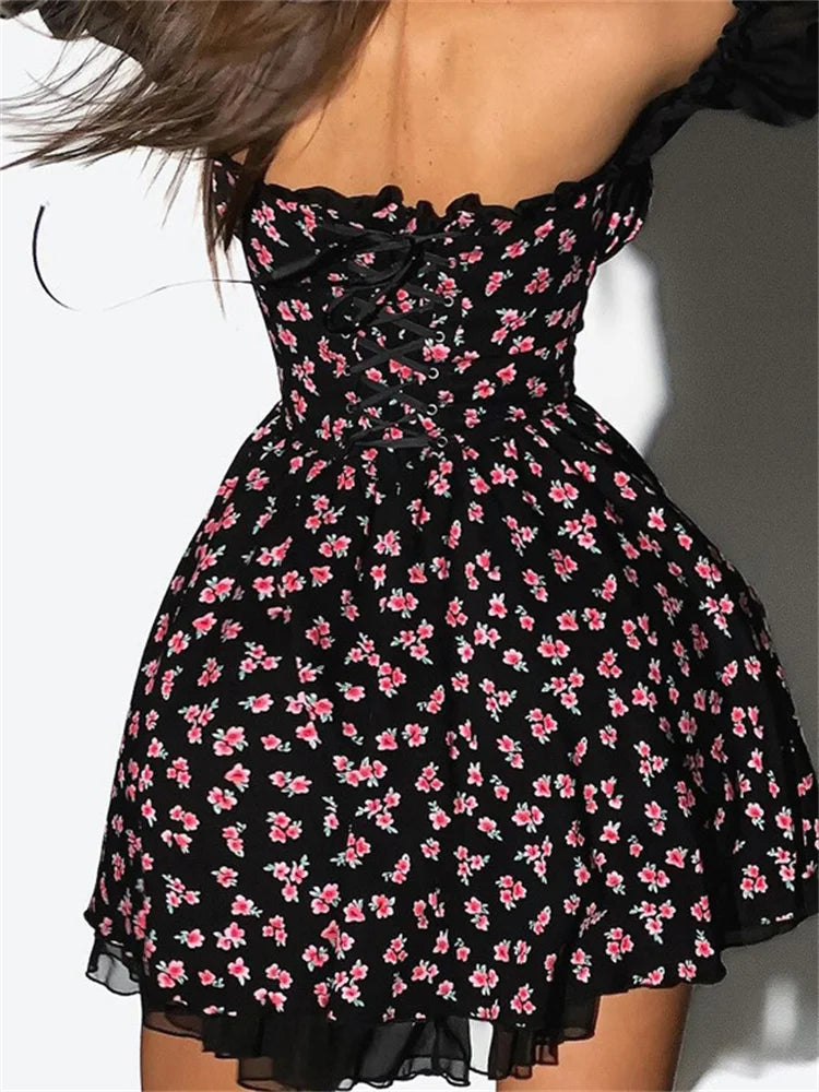 Aiertu  -  Fashion Printed Off-Shoulder Mini Dress Women's Ruffled See-Through Long Sleeve Bandage Patchwork Dress Female Clothes New Aiertu