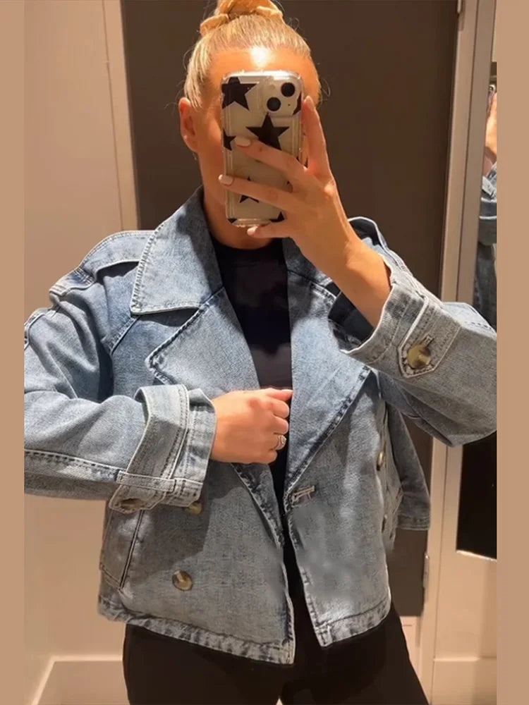 Aiertu  -  Fashion Denim Lapel Short Jacket For Women Chic Double Breasted Cropped Jackets Female 2025 Spring New Long Sleeve Street Tops Aiertu