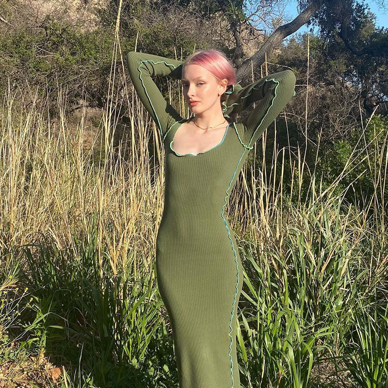 Aiertu - Vintage Green Long Sleeve Maxi Dress Aiertu