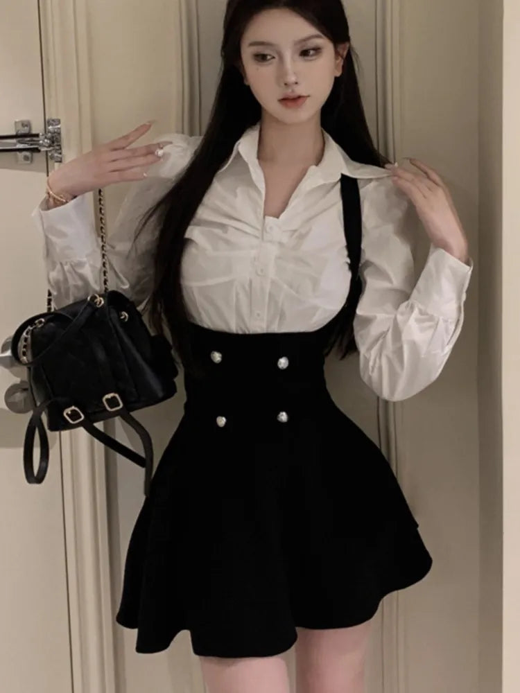 Aiertu 2025 spring fashion trend Korean Women Cropped Coat Long Sleeve Shirt High Waist Halter Ruffles Mini Dress Chic Fashion Sexy Outfits Y2K 3 Piece Set  New Aiertu