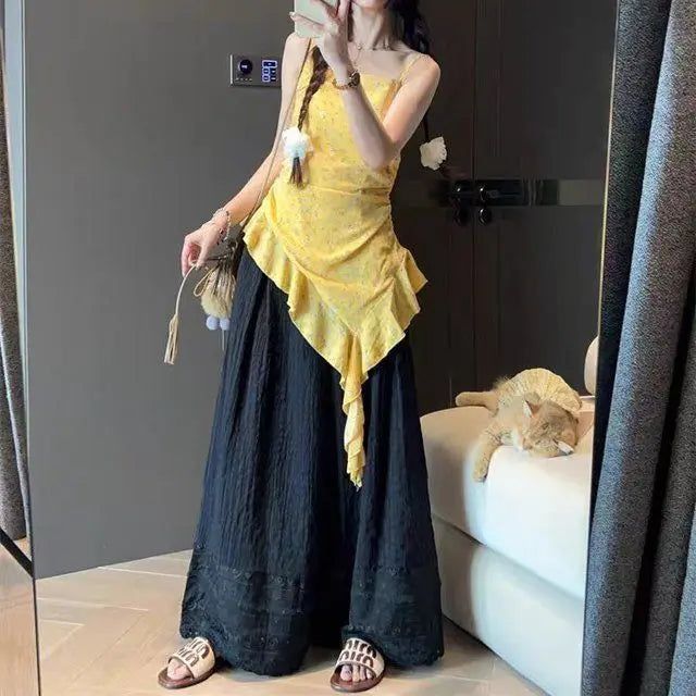 Aiertu  -  Simple elastic heavy industry hollow plaid pants lace splicing lazy wide-leg pants vacation style design casual pants Aiertu
