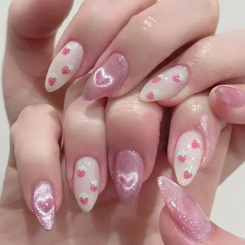 Aiertu 24Pcs Pink Almond French Press on Nails With 3D Bow ripple charms Design Fake Nails Ballerina False Nails Full Cover Nail Tips Aiertu
