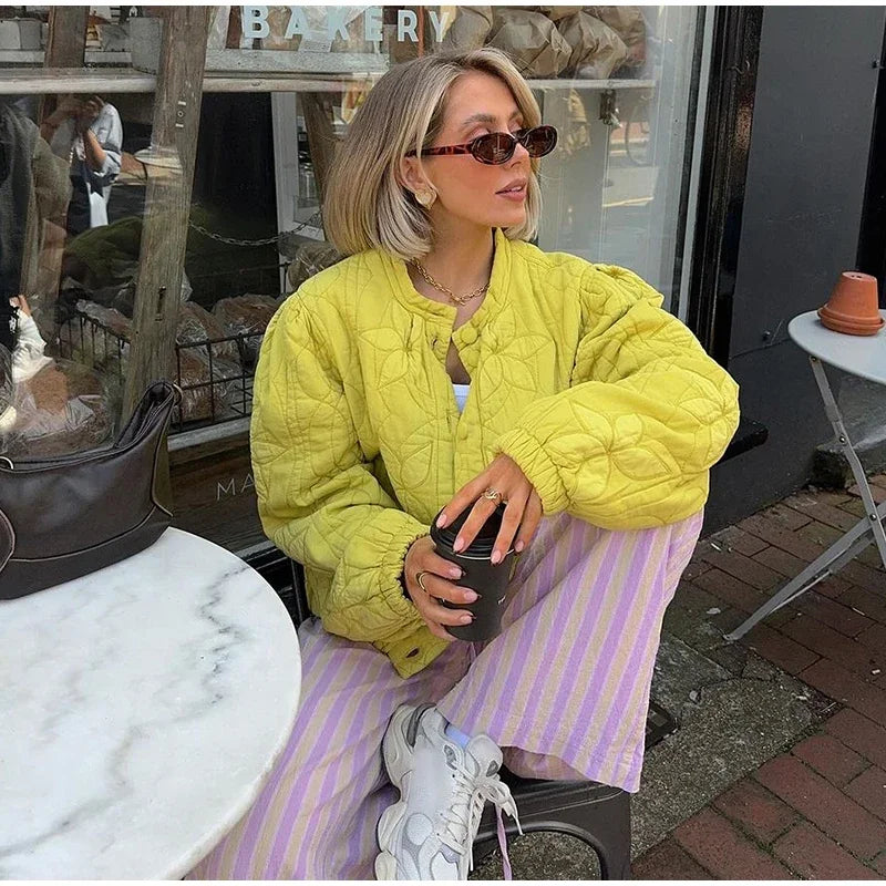 Aiertu  -  casual winter outfits Casual Solid Printed Padded Women Jacket O-neck Full Sleeves Lady Coat 2024 Fashion Autumn Covered Button Female Loose Outwear Aiertu