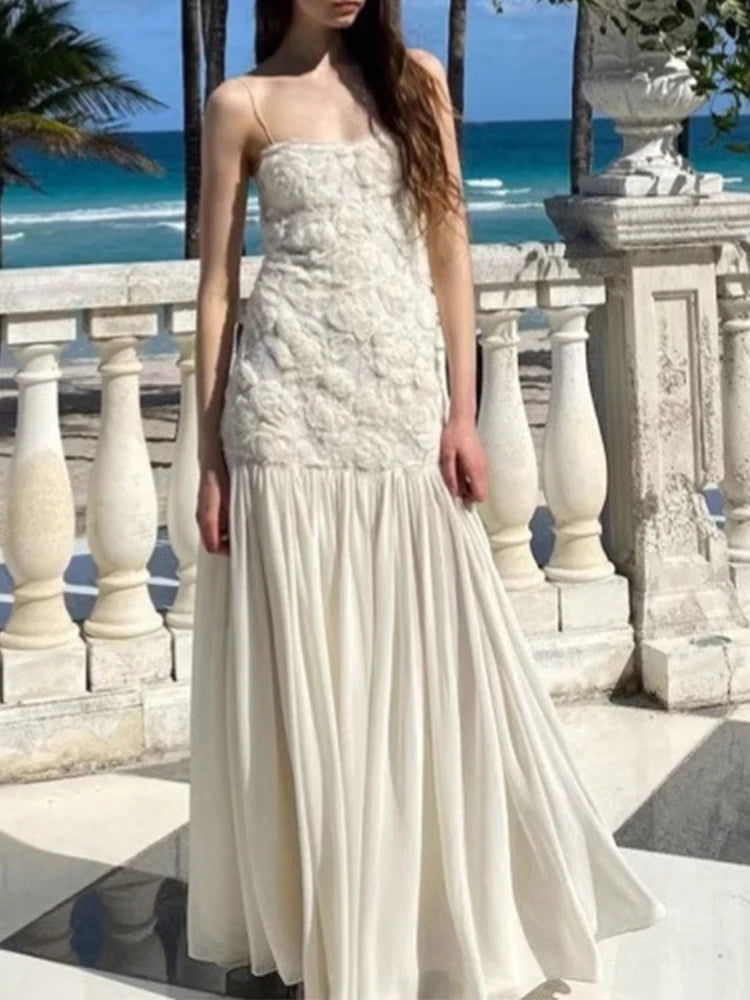 Aiertu  -  Female 3D Floral Maxi Dress for Women Pleated Backless Strapless Chiffon Slim Dresses Lady Party Club Grown Robes 2025 New Aiertu