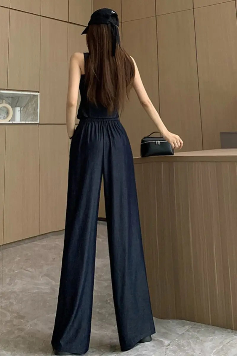 Aiertu  -  Sweet Hot Girl Pure Sexy Suit Women's Summer Denim Camisole Vest High Waist Wide Leg Pants Two-piece Set Fashion Female Clothes Aiertu