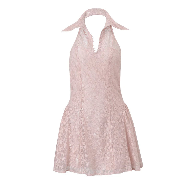 Aiertu  -  French Sweet Girl Pink Lace Halter Neck Sleeveless Dress Women's Summer Pure Sexy Slim-fit A-line Dress Fashion Female Clothes Aiertu