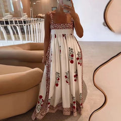 Aiertu  -  Fashion Pattern Print Pleat Suspenders Dress Summer Women Sexy Off Shoulder Sleeveless Party Dress Elegant Loose Hem Long Dress Aiertu