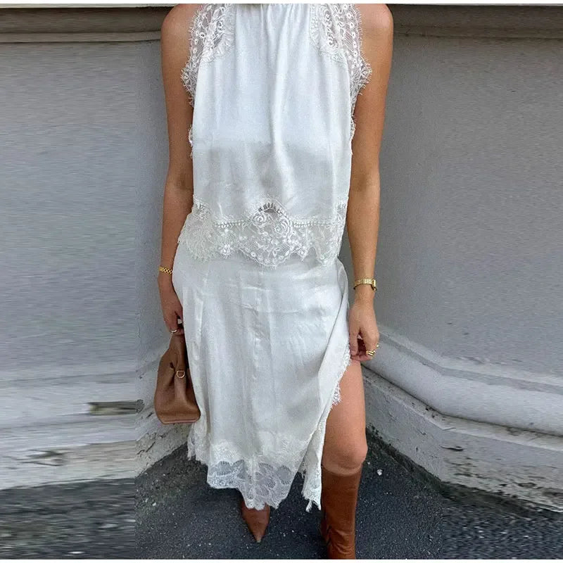 Aiertu  -  Lace Patchwork Tank Top Skirt Set Women Sleeveless Solid Thin Vest Split Midi Skirts Suit 2026 Summer Holiday Street Outfits Aiertu