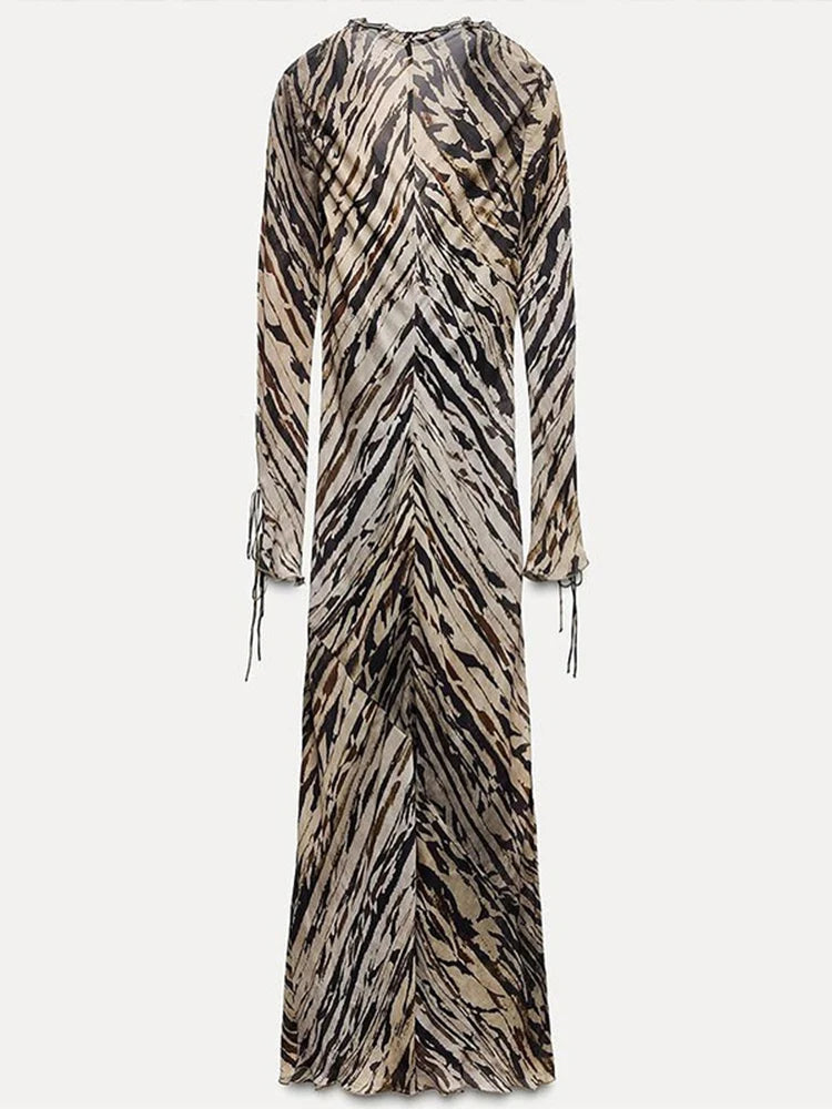 Aiertu       -  V-neck Leopard Print Slit Long Dress Women Hollow Lace Up Long Sleeved Maxi Dress Lady Sexy Fashion High Street Party Vestidos Aiertu