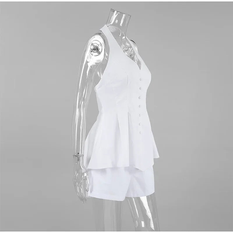 Aiertu  -  Cotton Linen Tank Top Shorts Sets Women's White Single Breasted Halter Ruffles Vest Wide Leg Shorts Suits Summer Commute Chic Aiertu