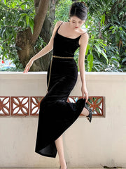 Aiertu prom dresses 2025 Elegant Annual Meeting Long Dress Women French Wine Red Black Velvet Strap Backless Slit Maxi Robe Femme Bottom Party Vestidos Aiertu