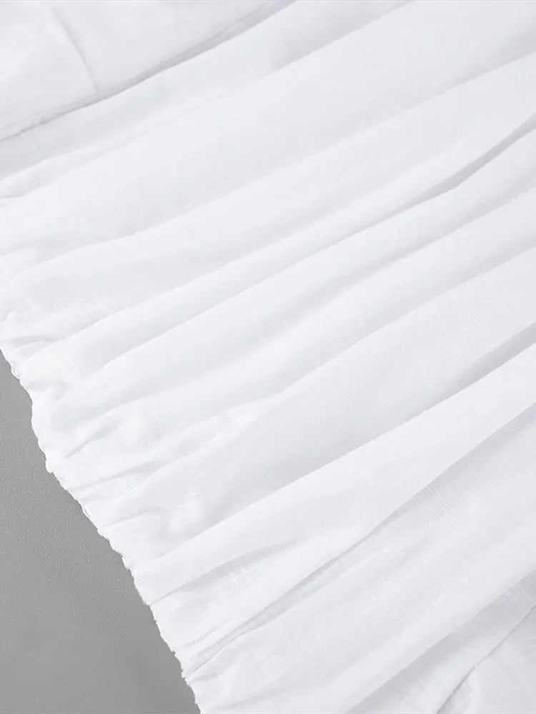 Aiertu  -  Cotton Linen Ruffle Dress Solid Color Suit Collar Deep V Fake Two Pieces Slim Fit Fashion Slimming Short Wrap Hip Dresses Spring Aiertu