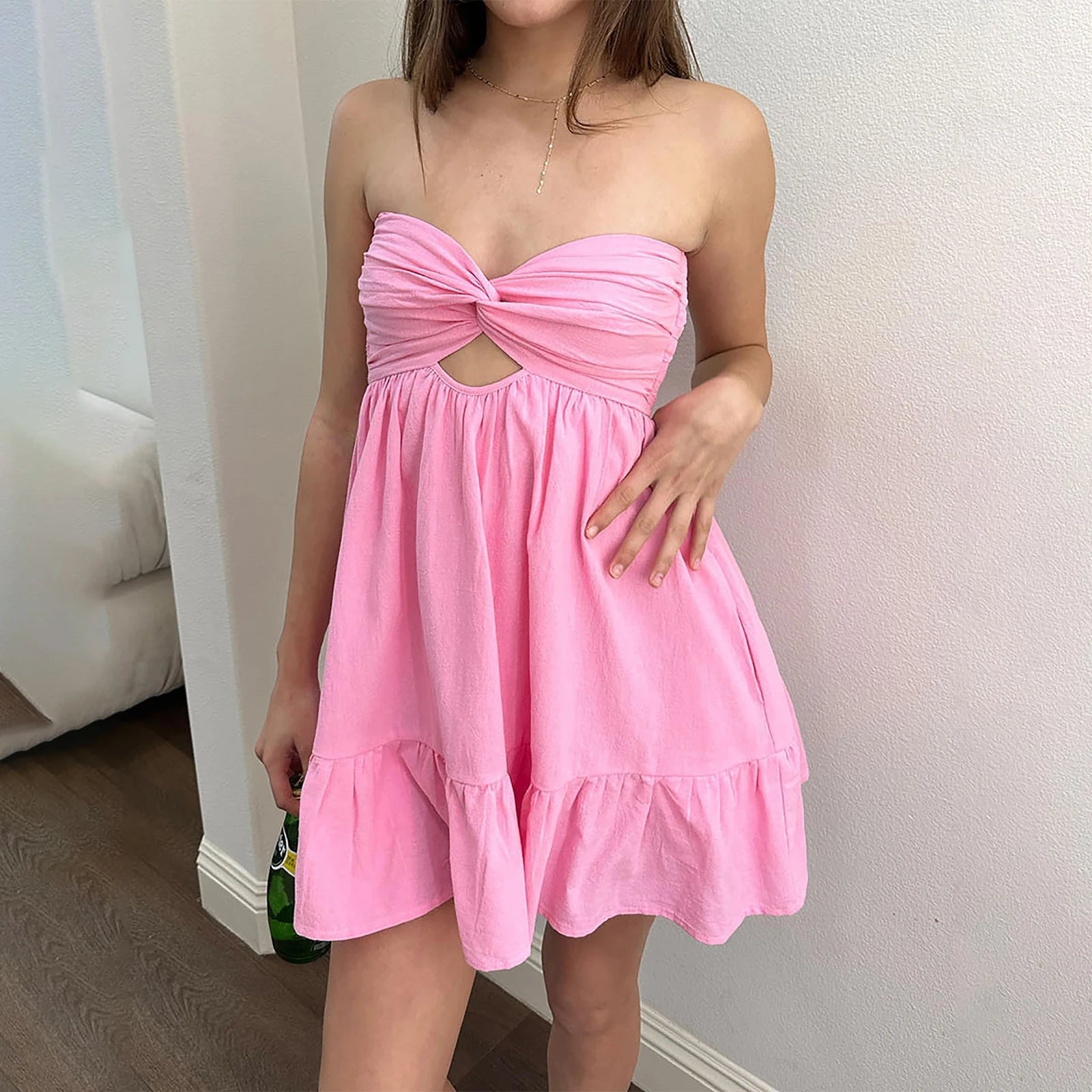 Aiertu  -  Women Solid Color Twisted Tube Dress Ruched Boat Neck Cut-out Backless Sleeveless Double Pockets Flowy Ruffled Dresses Aiertu