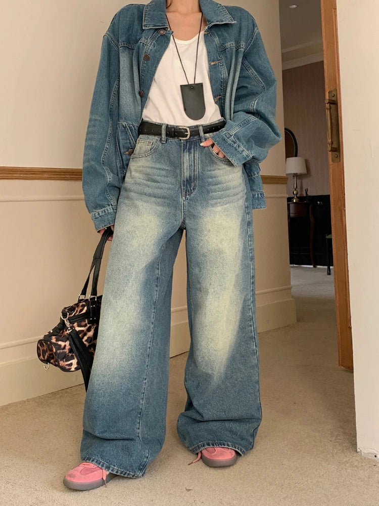 Aiertu  -  Women Boyfriend Whiskers Baggy Jeans Distressed Straight Long Trousers High Rise Wide Denim Pants Casual Retro Clothes Aiertu