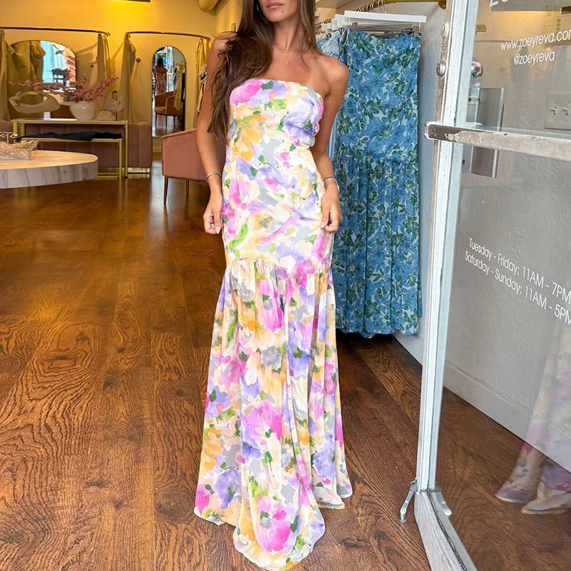 Aiertu  -  Spring Slim Fit Hem Long Dress Sexy Strapless Floral Print Boho Maxi Dress Womens Summer Fashion Off Shoulder Pleated Dress Aiertu