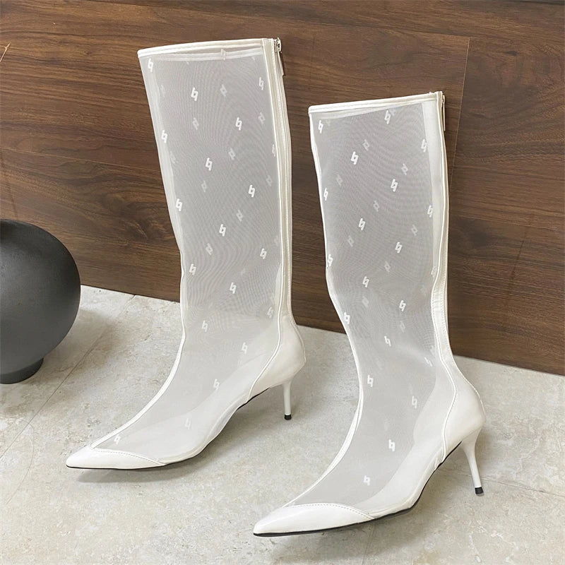 Aiertu  -   Autumn Street Style Design Breathable Mesh Women Knee-High Boots Pointed Toe Thin Low Heels Sandals Booties Ladies Shoes Aiertu