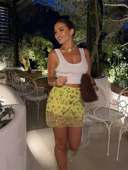 Aiertu  -  Squins Flower Bead Mini Skirt Women Straight Wide Leg High Waist Fashion Skirts A-line Lined Green Party 2025 Summer Lady Robe Aiertu