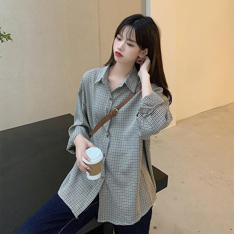Aiertu Plaid Shirts Women Retro Turn Down Collar Long Sleeve Loose Blouses Harajuku Korean Office Lady Basic Casual Baggy Tops Aiertu