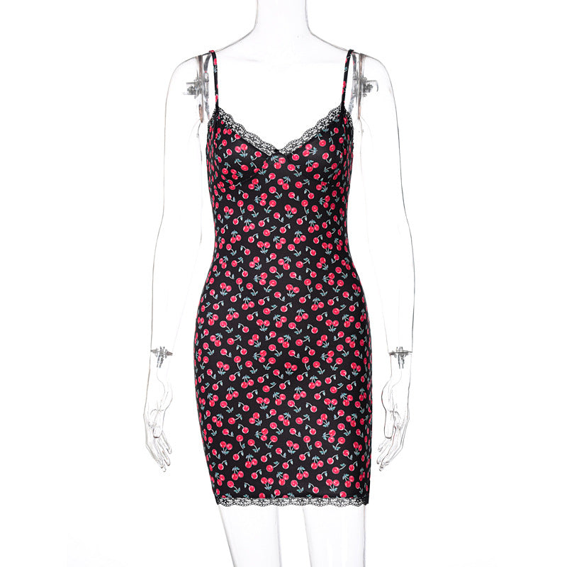 Aiertu - Sexy V-neck Lace Sling Print Temperament Dress Aiertu