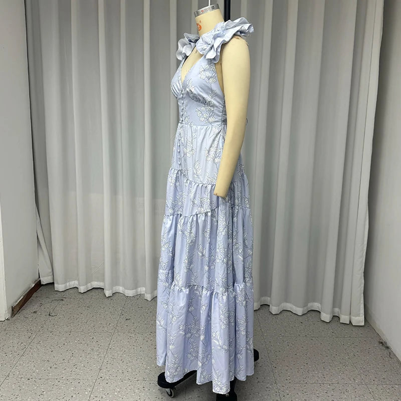 Aiertu  -  Women Maxi Dress Elegant Sweet Sleeveless V Neck Petal Sleeve Cross-Strap Printed Nipped Waist Backless Lace Up Dresses Aiertu