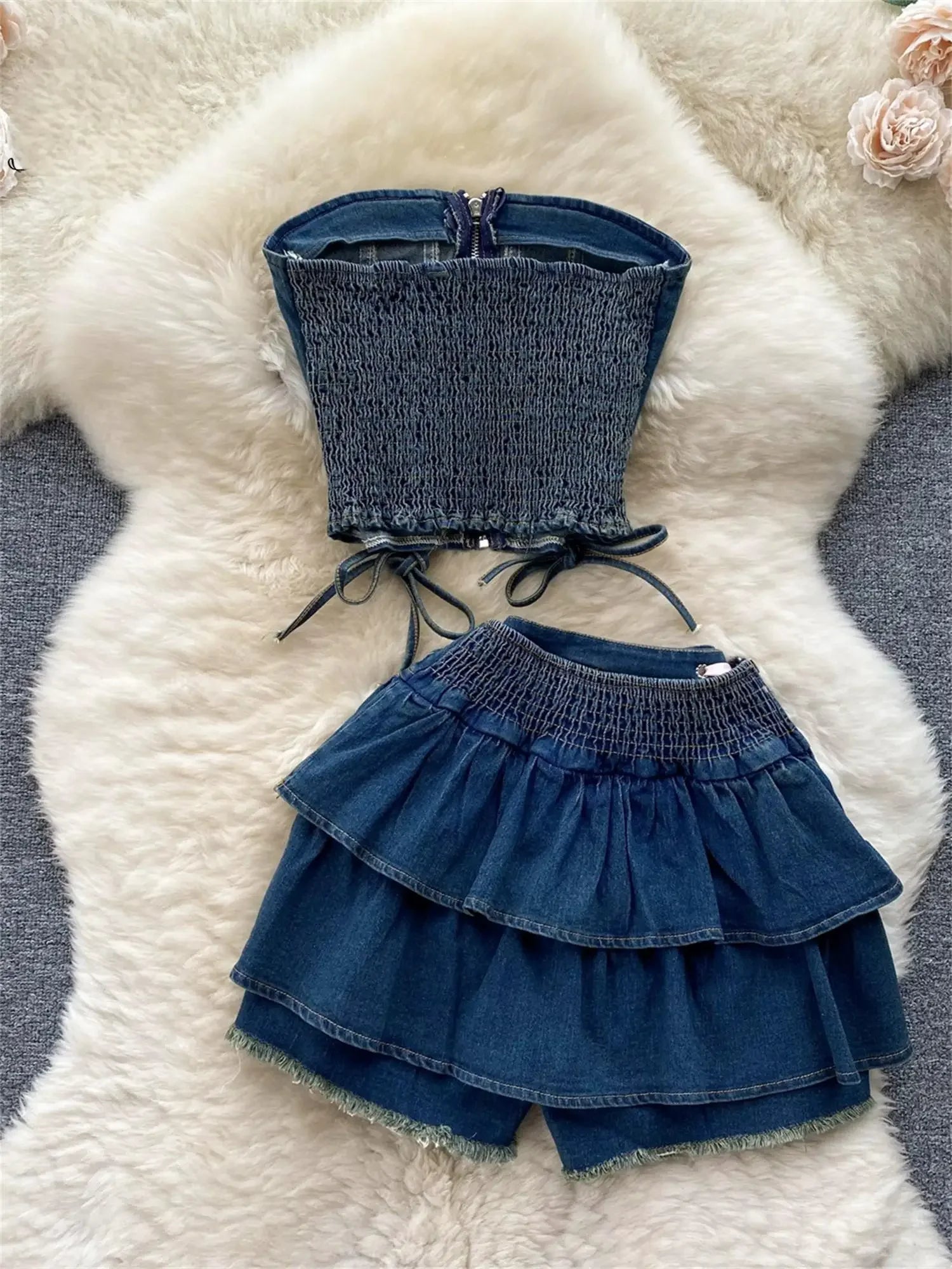 Aiertu  -  Y2K Sexy Mini Skirt Denim Tie Cross Bow Bandage Cape+denim Two-piece Zipper Strapless Tube Top Streetwear Set Aiertu
