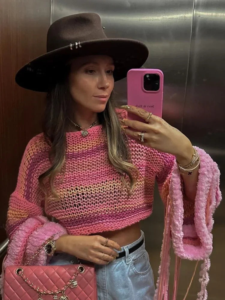 Aiertu  -  Colorful Patchwork Long Sleeve Tassels Knitted Tops Women Chic Striped Round Neck Short Pullover Autumn Fashion Street Knitwear Aiertu