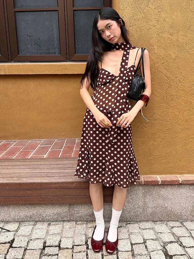 Aiertu  -  Elegant Sweet Polka Dot Print 3-Piece Set Women Scarf+v-Neck Camisole Tops+Skirts Leisure High Street Comfortable Suits Aiertu