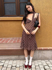 Aiertu  -  Elegant Sweet Polka Dot Print 3-Piece Set Women Scarf+v-Neck Camisole Tops+Skirts Leisure High Street Comfortable Suits Aiertu