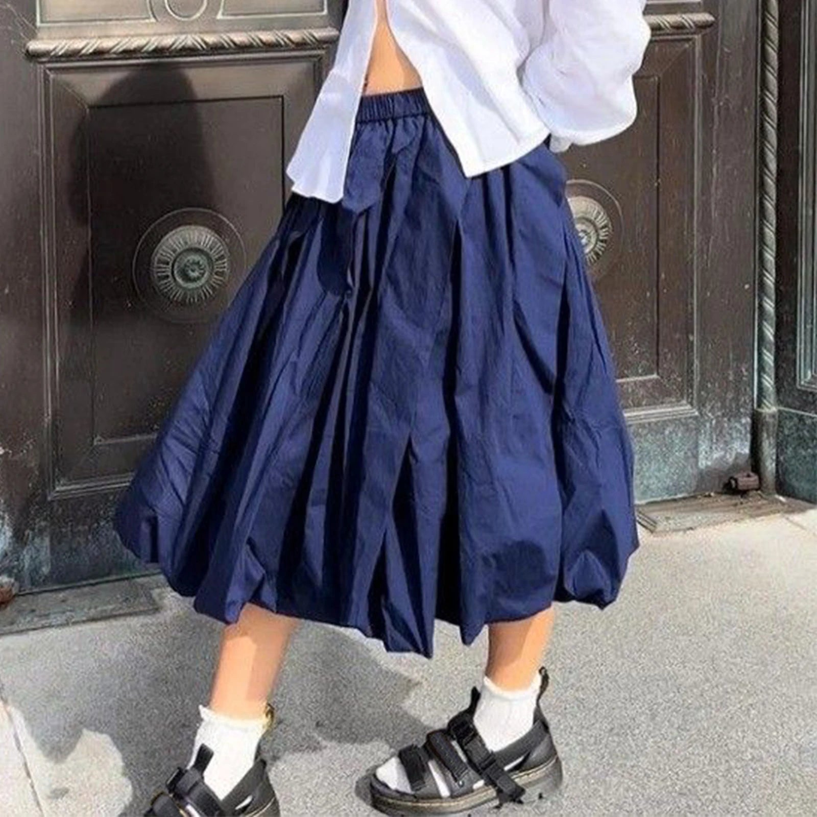 Aiertu  -  Women Bubble A-Line Skirt Casual Summer Solid Color Elastic Waist Gothic Midi Skirt for Beach Vacation Club Streetwear Aiertu