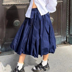 Aiertu  -  Women Bubble A-Line Skirt Casual Summer Solid Color Elastic Waist Gothic Midi Skirt for Beach Vacation Club Streetwear Aiertu