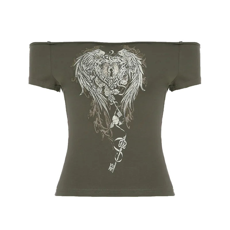Aiertu  -  Y2K Spice Girls Return to Work Wings Key Printed One-Word Shoulder Short Sleeve T-Shirt Dark Wind Slim Skinny Off-Shoulder Top Aiertu