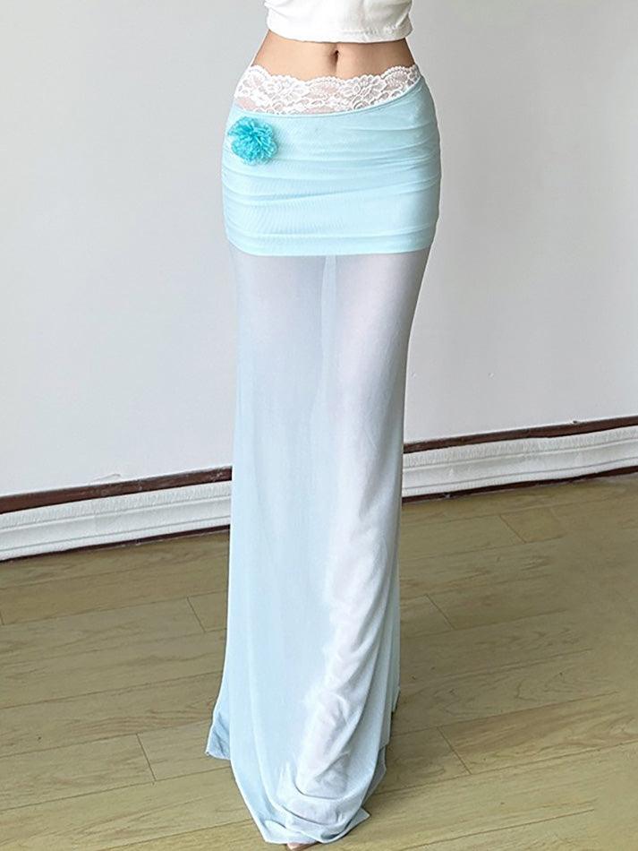 Aiertu  -3D Floral Ruched Mesh Low-Waist Maxi Skirt aiertu