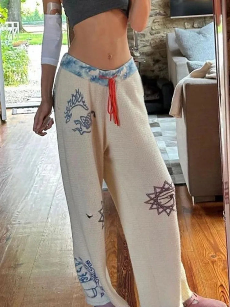 Aiertu  -  Y2k Aesthetic Streetwear Print Straight Pant Women Casual Patchwork Pantalon Personality Drawstring Grunge Wide Leg Trousers Aiertu