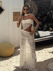 Aiertu  -  Beach Party Two-Piece Set See Through Scarf Mini Wrap Top Mesh Irregular Hem+Multi-Pleated Bottoms Matching Pretty Suits Aiertu