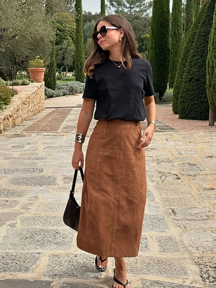 Aiertu  -  Vintage Brown Suede Leather Skirt For Women Fashion High Waist Slim A-line Skirts Autumn New Lady Office All-match Streetwear Aiertu