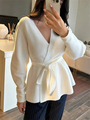 Aiertu  -  Elegant Lace Up Coats Women Elegant Solid V-neck Full Sleeve Oversize Female Cardigan Sweater Summer Fashion Lady Streetwears Aiertu