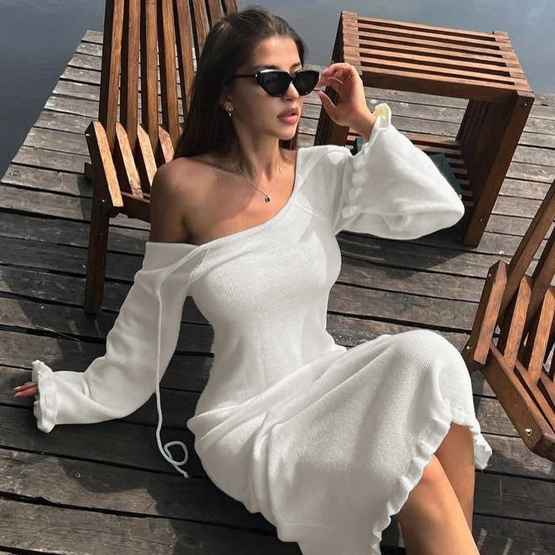 Aiertu  -   Elegant Knitted Sweater Maxi Dress Outfits For Women Flare Sleeve Sexy Backless Lace Up Dress Knitwear Party Clothes Lady Aiertu