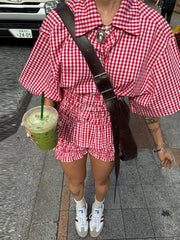 Aiertu  -  Women Two-Piece Set Of Plaid Short Sleeve Shirt Top Shorts Lapel Pleated Waist Cinched Shirts Blouse Checkered Beach Shorts Suit Aiertu