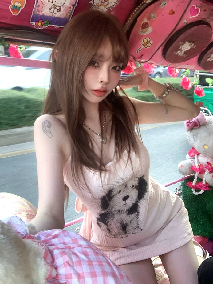 Aiertu  -  Kawaii Cartoon Dog Tank Top Women Streetwear Sleeveless Backless Slim Tops Summer Sexy Halter Lace Up Y2k Tops for Girls Aiertu