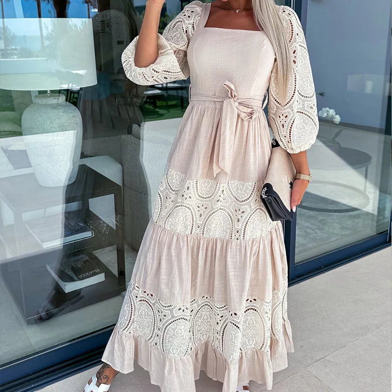 Aiertu  -  Elegant Retro White Lace Jacquard Women Dress Office Ladies Temperament Off Shoulder Maxi Dresses 2026Long Evening Party Dress Aiertu