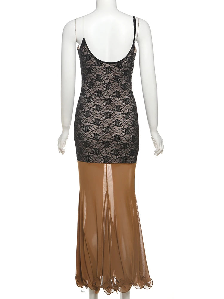 Aiertu  -  Backless Sleeveless Mesh Patchwork Jacquard Maxi Dress Women Hollow Cross Bandage Fishtail Low-Neck Vacation Vestidos Aiertu