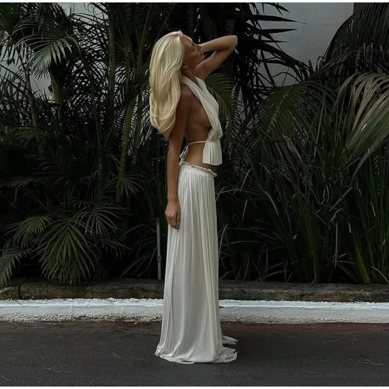 Aiertu  -  Fashion Pleated Long Skirts Set Women Sexy Sleeveless Backless Halter Tops High Waist Mermaid Skirt Vacation Beach 2 Pieces Sets Aiertu