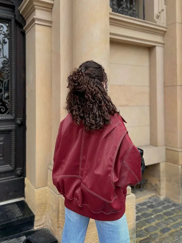 Aiertu  -  Chic Wine Red Leather Contrast Stitch Jacket Fashion Oversized Zipper Long Sleeve Women Coat 2026 Autumn Casual Office Outerwear Aiertu